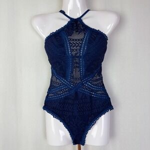 Becca Crochet Lace Halter One Piece Swimsuit‎ Navy Blue